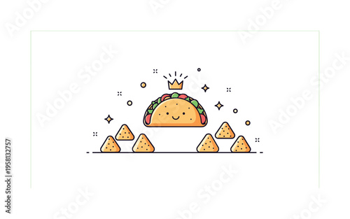 Absurd snack moment taco wearing a tiny crown while chips gather around like a royal audience. The scene delivers a playful and unexpected food comedy concept.