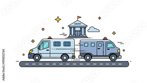 Prisoner transport van on the road with a compact armored style vehicle moving forward while a small courthouse icon appears in the background. The scene