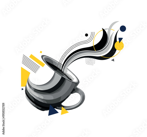 black and white mug tilted slightly as if pouring steam upward, cut-out collage object layered with cylindrical shapes and curved lines suggesting motion,