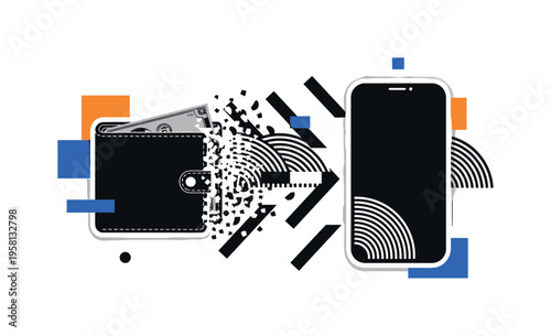 Black and white minimalist wallet dissolving into a smartphone, structured semicircles and bold diagonal beams representing cashless movement, flat cobalt blue