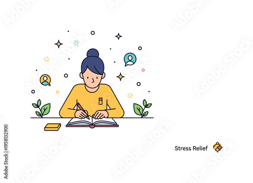 Stress relief scene with a person journaling at a desk, surrounded by tiny leaves and subtle decorative dots, emphasizing mindfulness, reflection,