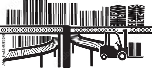 Forklift on conveyor belt in industrial warehouse setting with barcodes