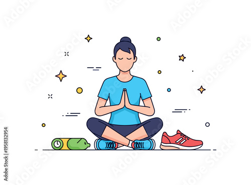 Balanced athlete lifestyle featuring a calm runner sitting in meditation while a pair of running shoes rests beside them. The composition symbolizes harmony