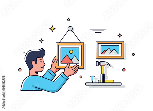 Hanging pictures home decor moment person carefully placing a framed photo on a wall while a small hammer and nail rest nearby. Cozy scene expressing the joy