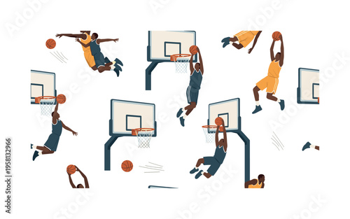 Basketball alley oop dunk seamless pattern, players passing and finishing dramatic alley oop dunks with hoops nets and flying basketballs arranged in a