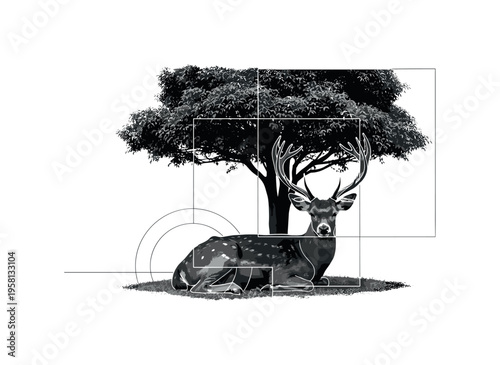 deer resting under tree, geometric blocks lines and abstract shapes emphasizing peacefulness and grounding, black and white retro realistic deer with white