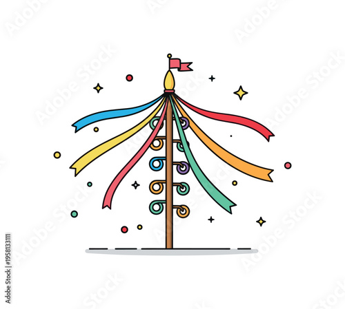 May Day festivities dancing ribbons moment featuring a tall maypole with colorful ribbons swirling outward in a circular pattern. The lively composition