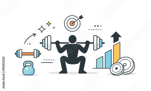 Abstract strength training concept. Simplified human figure, dumbbells, bars, and progress symbols arranged in a balanced composition. The scene