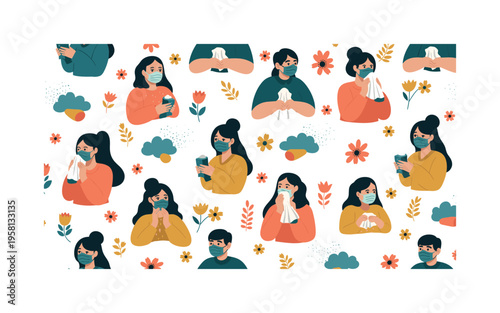 protecting from allergens seamless pattern, people wearing masks using tissues avoiding pollen clouds and flowers arranged in a repeating pattern, white