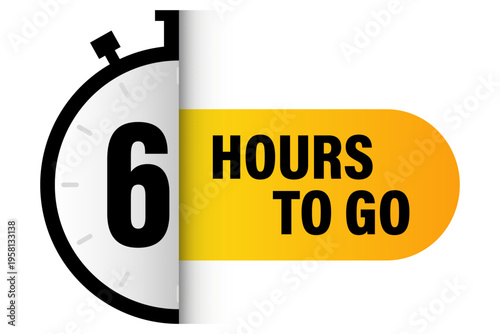 Six hours label. Six 6 Vector. Professional stopwatch banner. Yellow 6 countdown. Manual vector only. No autotrace used.