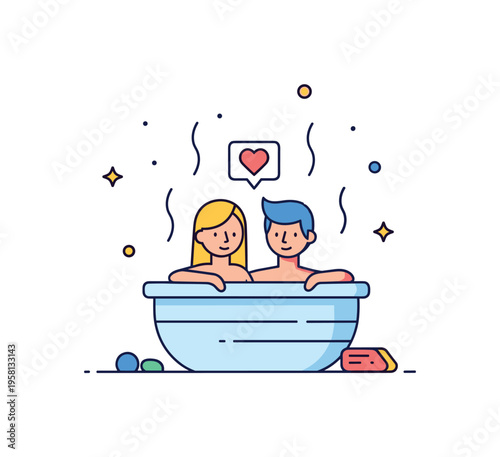 Romantic wellness retreat pair sitting together in a simple hot tub with gentle steam lines rising and small heart icon above, suggesting intimacy and peaceful