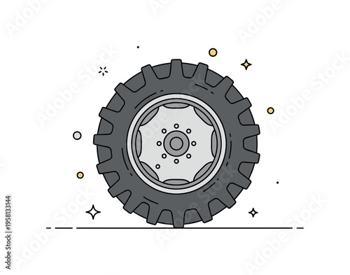 Tractor wheel close up large rugged tire with deep agricultural tread pattern and a simple metal hub at the center, emphasizing strength and durability in farm
