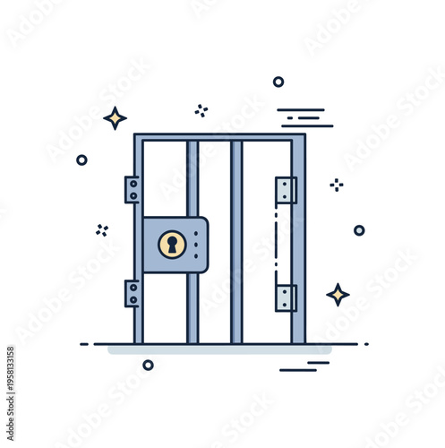 Prison bars locked cell door illustrated by a small barred gate with a visible keyhole at the center. The visual metaphor highlights security, restriction, and