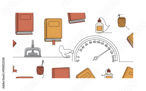 handcrafted books seamless pattern, stitched books, sewing threads, needles, glue, presses and book covers arranged in a repeating pattern, white background