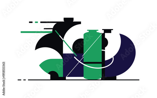 A monochrome fuel tank labeled conceptually with abstract geometric icons, intersected by large arcs and cylindrical shapes representing storage and flow, thin