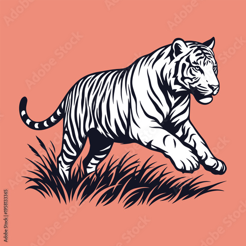 Prowling Tiger Vector Illustration in Detailed Woodcut Style with Grass Silhouette on Pink Background