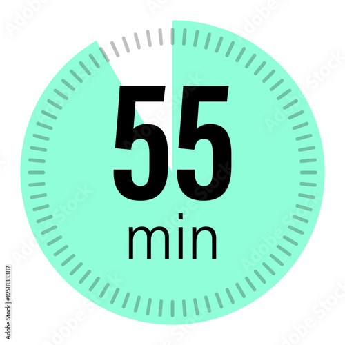 Fifty five timer. Clock face Vector. 55 min text. Teal circle detail. Manual vector only. No autotrace used.