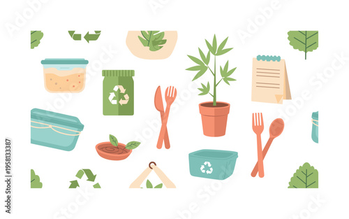 sustainable lifestyle objects reusable containers bamboo utensils plant leaves and recycled paper illustrated as eco themed motifs, flat vector rounded forms,