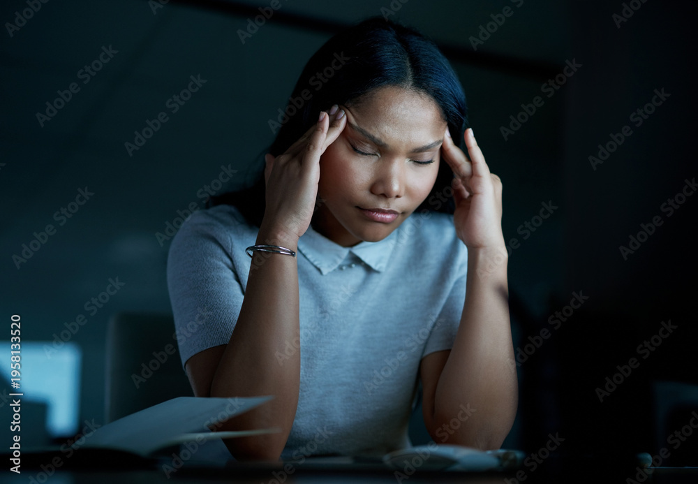 Fototapeta premium Headache, fatigue and businesswoman in office at night with exhaustion, stress or frustration. Migraine, tired and female creative editor with burnout for publishing project with deadline at startup.