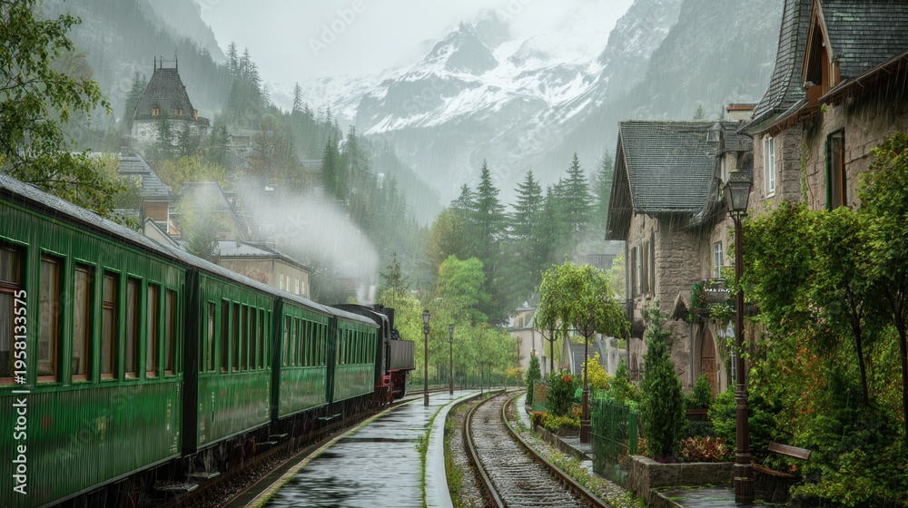 Naklejka premium Vintage steam train arriving at a small alpine station during heavy rain. Mountain landscape scenery with wooden houses and evergreen forest. Nostalgic travel and tourism concept.