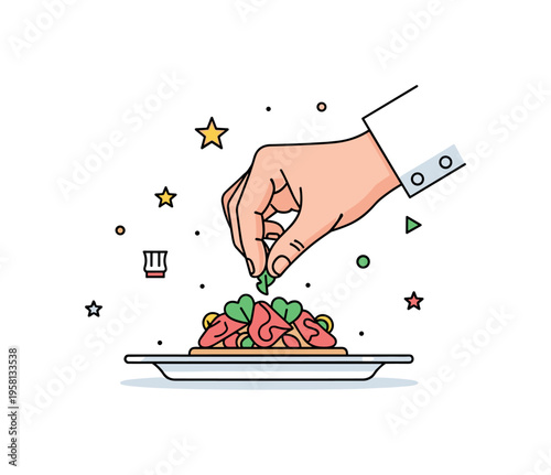 Restaurant chef plating close view of a chef hand adding final garnish to a refined dish, symbolizing precision and passion. A compact badge style illustration
