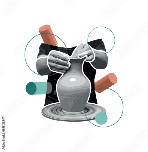 black and white artisan hands mixing pesto sauce in a bowl with spoon and basil leaves around, white cut-out outline, abstract circular rings and thin lines