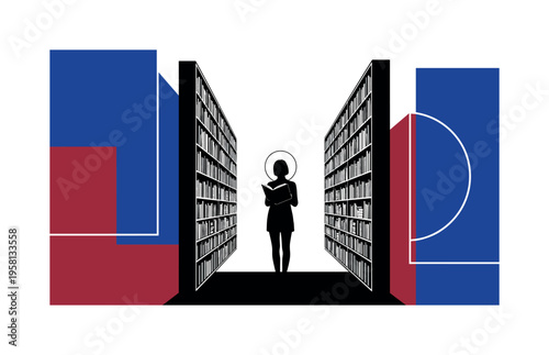 Black and white reader silhouette standing between shelves with book in hand, semicircle halo framing the figure, cobalt blue and warm burgundy flat geometric