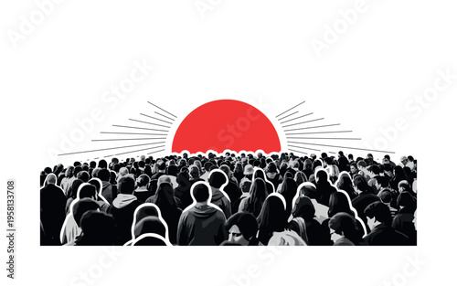A black and white crowd of people walking forward in retro documentary photo style, layered with a bold red semicircle rising behind them like an alarm signal,