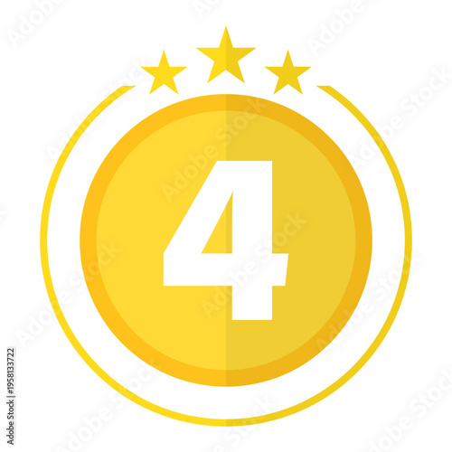 Gold award badge. Number four 4 winner. Vector award coin. Yellow shiny medal. Manual vector only. No autotrace used.