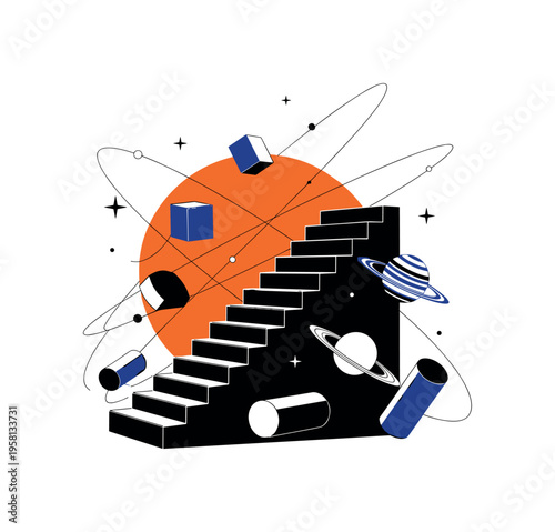 symbolic universe design with black and white staircase rising toward planets and stars, cut-out object with white outline effect, giant orange circle sun