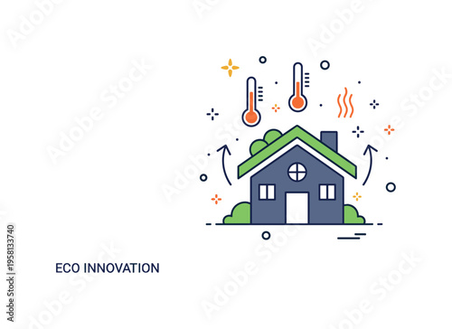 Energy efficient building design illustrated by a house silhouette with a green roof and subtle temperature arrows around it, suggesting natural insulation and