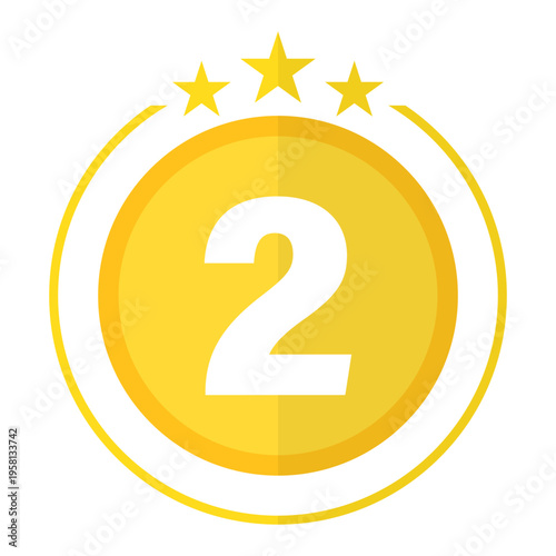 Gold award medal. Number two 2 winner. Vector victory coin. Shiny yellow badge. Manual vector only. No autotrace used.