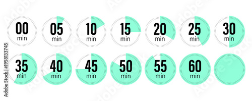 Timer icons set. Minutes Vector clock. Progress circle symbols. Green time detail. Manual vector only. No autotrace used.