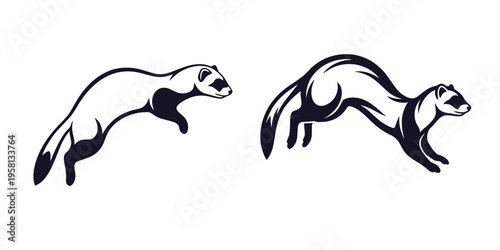 Ferret Vector Set with Pouncing and Jumping Poses in Detailed High Contrast Woodcut Style