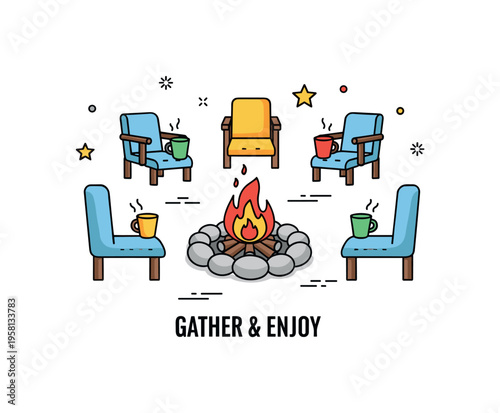 Festive outdoor gathering illustration with a bonfire in the center, small chairs and cups around it, expressing casual celebration and social warmth. A