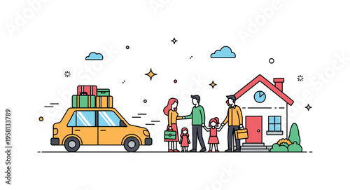 Family reunion travel journey scene with a car packed with luggage arriving at a small home while family members greet each other warmly. The composition