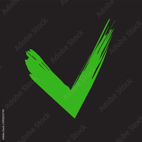 Green checkmark brush. Success Vector sign. Hand drawn shape. Black background detail. Manual vector only. No autotrace used.