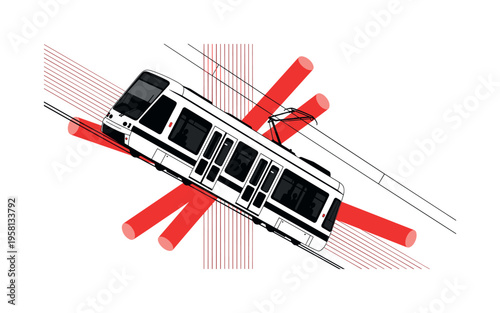 Black and white tram angled dynamically as if turning, intersected by red cylindrical shapes and thin vertical lines suggesting electric wires, clean