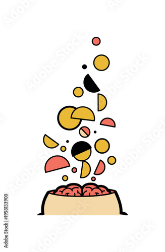 cartoon brain bursting from an open head with playful geometric bubbles floating upward, circles and semicircles forming rhythmic motion, mustard yellow and
