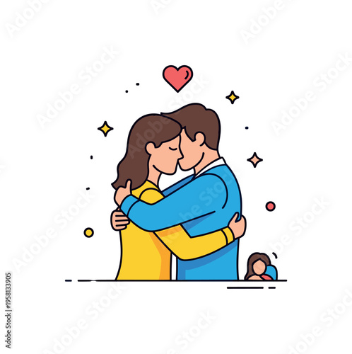 Soap opera romantic reconciliation two characters embracing beneath a small heart icon while subtle sparkles suggest forgiveness and emotional resolution after