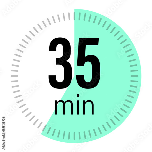 Countdown timer icon. Number thirty five. Minutes Vector symbol. Mint green circle. Manual vector only. No autotrace used.