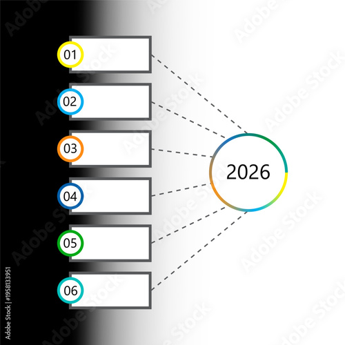 Infochart 2026 plan. Six steps list. Numbered Vector set. Black gradient chart. Manual vector only. No autotrace used.