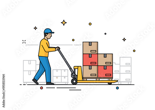 Materials handling operation with a worker guiding a pallet jack carrying stacked boxes across a warehouse floor. The scene reflects efficient movement of