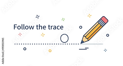 Follow the trace concept a pencil tip gliding along a dotted path toward a simple shape symbolizing careful guidance and step by step drawing practice.
