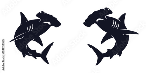 Hammerhead Shark Vector Silhouette Set with Mirrored Dynamic Swimming Poses and High Contrast Detail