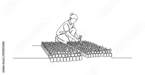 Tree Nursery Work. Minimalistic one-line drawing person tending seedlings in forest nursery for reforestation, continuous single black line on white