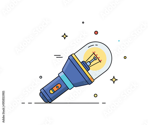 Basic physics of light emission represented by a tiny filament glowing inside a bulb shape within a flashlight head, conveying the idea of electric current