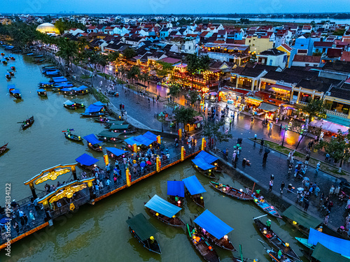 Aerial view of Hoi An Old Town on Thu Bon river, Vietnam