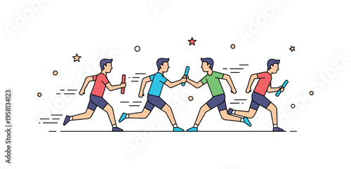 Relay race teamwork moment with runners passing a baton between teammates while small motion lines emphasize speed and coordination. The scene symbolizes trust