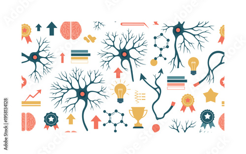pleasure and motivation pattern seamless pattern, brain neurons, dopamine molecules, synapses, motivational symbols and reward icons arranged in a repeating